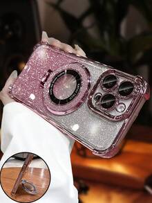 奢华电镀透明手机壳，带指环支架和磁吸支架，防震，镶钻闪亮，Y2K风格，时尚硅胶软壳保护套，兼容 16/16E/15/14/13/12/11/X/XS/XR/8/7 Plus/Pro/Max/Mini、Galaxy S24/S25 Ultra、小米Redmi、荣耀、OPPO Reno、MOTO Infinix Women 2025等机型。 - 粉色 - 查看 4