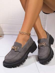 Women's Fashion Round Toe Chunky Heel Pumps With Chain Decor, Versatile & Practical, Perfect For Spring/Summer Music Festivals And Parties, Black - Grey - View 4