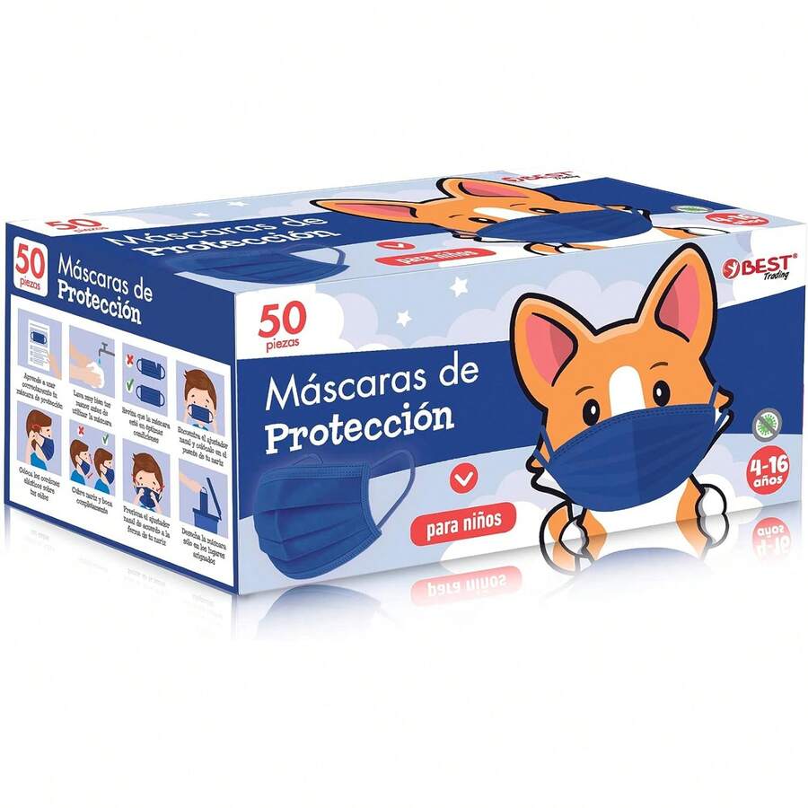 Best Trading 50 Cubrebocas Infantiles Unisex, Tapabocas Tricapa para Niño y para Niña, Calidad Premium con Diseños y Colores Divertidos, Ideales para Niños de 4 a 16 años (Azul Marino) - 1 - Ver 1