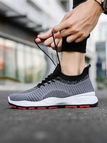 Zapatos casuales de punto, zapatos de punto transpirables, zapatos casuales planos de punto, zapatos de punto con cordones, zapatos casuales de correr para hombre, zapatos de malla transpirables para hombre, zapatos casuales de moda para hombre, casuales ligeros, transpirables, resistentes al desgaste, antideslizantes - Gris - Ver 5