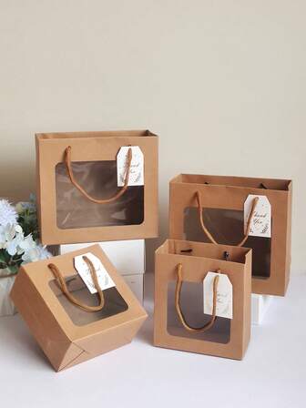 2/6个装透明窗口牛皮纸礼品袋，带提手，可贴标签，白色小礼品袋，适用于生日、婚礼、派对、花店、圣诞节包装、情人节、母亲节、毕业礼物包装