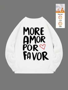 MORE LOVE PLEASE Warm And Comfortable Fleece Lined Sweatshirt With Heart & Letter Design, Soft And Skin-Friendly, Ideal For Casual Outings Or Lounging At Home. This Oversized White Crew Neck Sweatshirt For Women Is Suitable For Spring, Autumn And Winter, With Cartoon Print For A Casual Chic Look. - White - View 5
