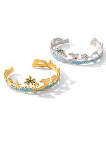 2pcs Bohemian Style Ocean Beach Stainless Steel Dangle Bracelet & Ring Jewelry Set, Featuring Starfish, Palm Tree, Shell, Pearl, Mermaid, Dolphin Designs, Suitable For Women Holiday Travel