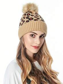 Custom Knitted Leopard Print Fuzzy Pom Pom Beanie Hat