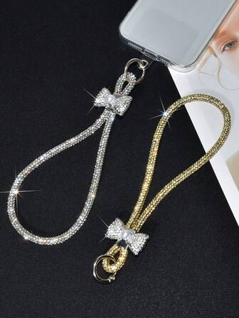 1pc High-End Luxury Exquisite Rhinestone Pearl Bow Mobile Phone Hand Chain, Creative Keychain Full Diamond Pendant, Fashion Colorful Sparkling Wrist Lanyard, Short Hand-Held Portable Strong And Durable Anti-Lost Universal Smart Phone Bracelet Strap, Suitable For Women, Daily, Dating, Festivals, Travel, Work, A Great Gift For Mother & Girlfriend's Birthday