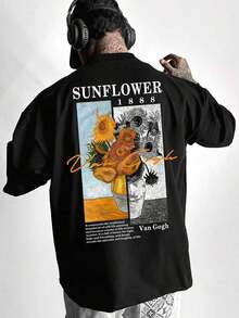 T-shirts à manches courtes Hauts d'été T-shirt décontracté ample en polyester pour hommes, col rond, avec impression numérique du tournesol de Van Gogh. Vêtements pour la fête du Roi - Noir - Voir 8