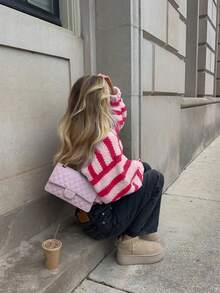 Vivid Style Women's V-Neck Contrast Striped Loose Cropped Knit Cardigan, Drop Shoulder Autumn/Winter Cardigan, Christmas, New Year