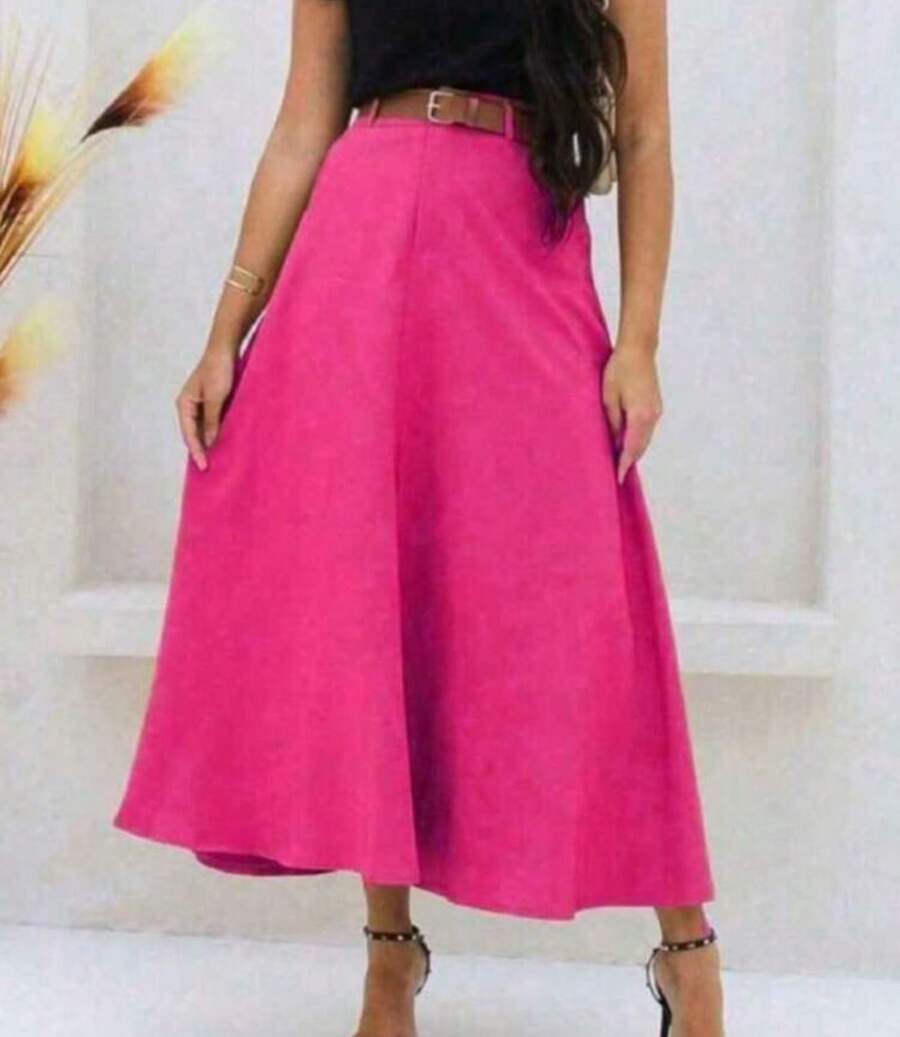 Women's Long Round Skirt Tailoring Evangelical Fashion Casual Basic Winter High Waist Elegant - 玫紅色 - 查看 1