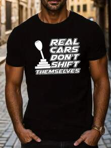 REAL CARS DON'T SHIFT THEMSELVES Creative Car Gear Stick Print Men's Crew Neck Short Sleeve Summer T-Shirt, Casual Comfy Fit Top For Daily And Outdoor Wear - Black - View 6