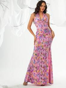 VIPGIRL Đầm dạ hội nữ cổ yếm lưới in hoa - Hồng - Xem 3