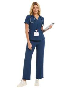 cimmuovere 女式 V 领短袖撞色抽绳口袋上衣和松紧腰多口袋可调节下摆裤子磨砂护士工作服牙医医疗保健宠物医院实验室制服套装