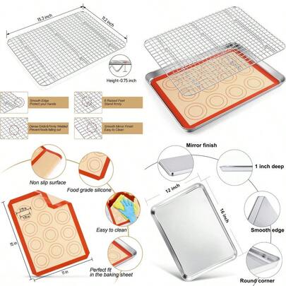 TeamFar Baking Sheet 16 X 12 X 1 Stainl Steel Baking Cookie Sheet Pan With Grid Cooling Rack And Silicone Mat Set For Oven  And Healthy Dishwasher  And Easy Clean Set Of 3