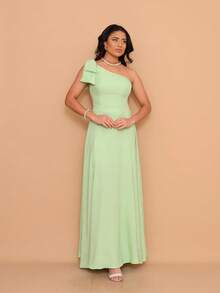 Helena Long Dress Luxury Plain Dune Linen With Bow One Shoulder - Verde Limao - View 3
