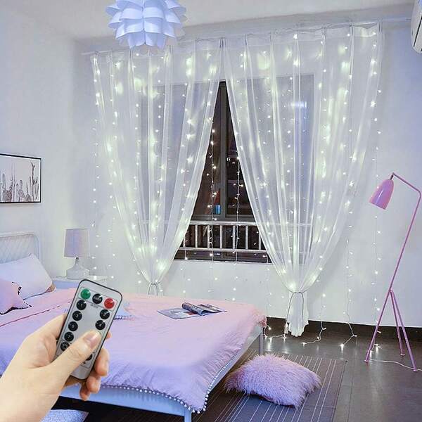 Luzes de corda de fada, luzes de cortina com controle remoto de 8 modos, 4 opções de cores, iluminação decorativa para quarto, festa, feriado, aniversário, jardim, uso interno e externo