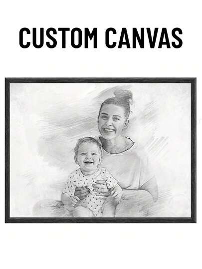 1 pieza Retrato a lápiz dibujado a mano enmarcado en lienzo, foto a lienzo, recuerdo único de familia, pareja, mascota, mural fotográfico simple en blanco y negro, impresión Giclee de alta calidad, lienzo impermeable, regalo universal para ocasiones especiales