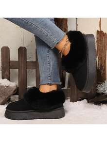 2024 Autumn/Winter Fashion Snow Boots, Short Shaft Rubber Flock Suede Platform Fluffy