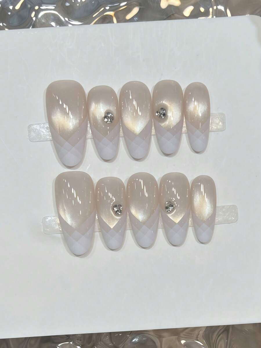 10pcs Handmade Nails Oval Nails Acrylic Press On Nails Medium, Gentle Champagne Nails, Flashy Cateye, French Tip Nails Plaid Pattern, Diamond Inlaid, Minimalism Edgy Elegant Simple Autumn Nails, Fall Press On Nails, Party Daily & Dating Use Beach Tropical Getaway Suitable,DIY False Nail Art Suitable For Women & Girls As Gift Nail Supplies - Multicolor - View 1