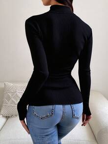 Blusa térmica dama mujer estilo moderno tejido color sólido ajustada cuello alto manga larga otoño invierno oficina versátil elegante casual cómodo suave calientito - Negro - Ver 3