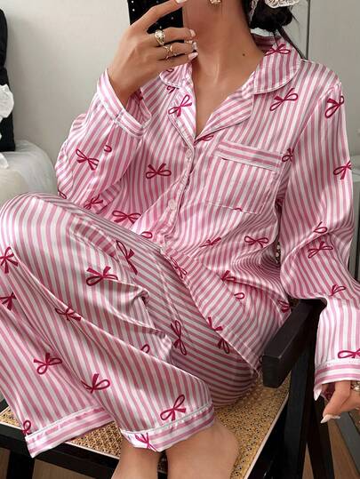 2pcs/Set Women Striped Long Sleeve Pajama Set, Winter Clothes