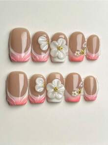 10 pezzi Unghie finte corte quadrate con petali e fiori 3D, base colore nudo stile semplice, unghie Y2K da ragazza alla moda, stile francese a onde sfumate rosa, stile europeo e americano, decorazione unghie adatta per uso quotidiano e festival, con applicazione a pressione manuale