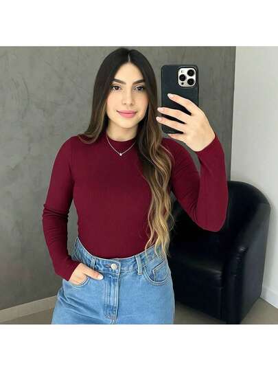 Blusinha Manga Longa Canelada Blusa Cacharrel Garrafinha Modelagem acinturada