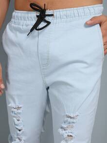 Men's Ripped Jogger Pants With Elastic - Baby Blue - View 5