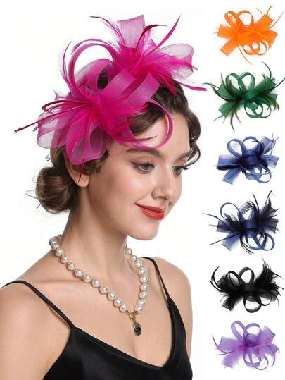1pc Women's Tea Party Headpiece, Kentucky Derby Fascinator Hat, Cocktail Party Flower Mesh Feather Headband, Wedding Halloween Costume Headwear, Headband, Hair Accessories ,Hair Band