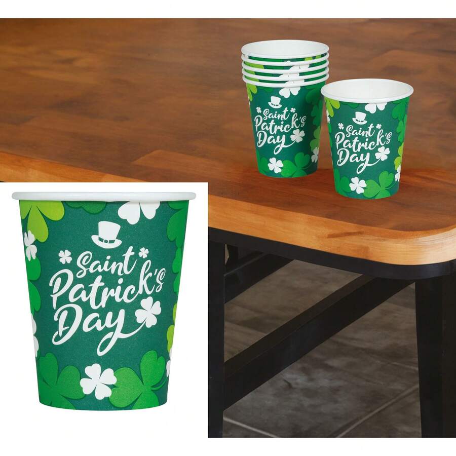 Fiestas Guirca Sac pour 6 verres de fête de la Saint-Patrick, Décoration pour célébrations thématiques, Capacité de 240 ml, Designs de trèfles et chapeaux, Idéal pour les fêtes de la Saint-Patrick, anniversaires et événements spéciaux - Multicolore - Voir 1