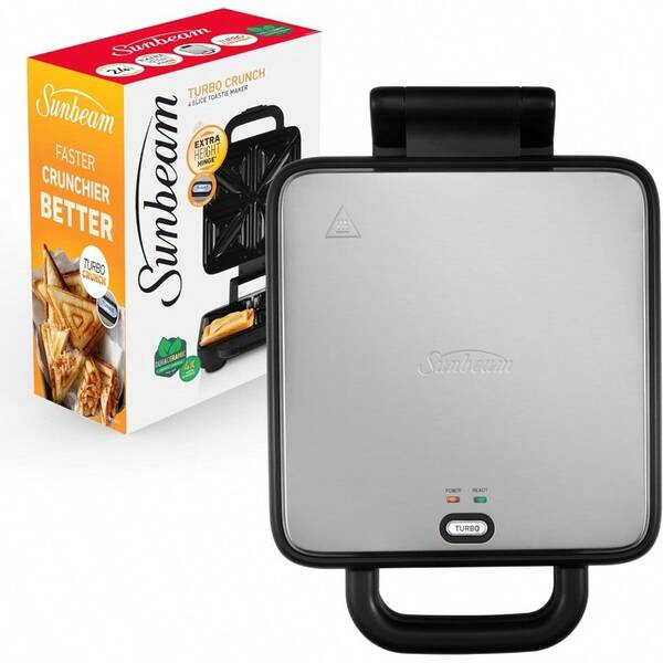 Turbo Crunch 4Slice Toastie Maker Turbo Button For Extra Crispy Toasties And Jaffles Extra Height Hinge No Slide Sandwich Maker Durable Easy Clean Cooking Plates Stainless Steel GRM4100SS