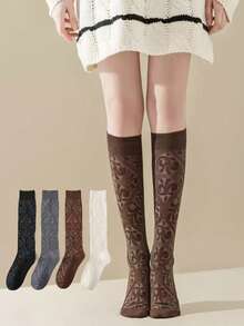 4 opzioni di colore, 1/2/4 paia di calze lunghe al ginocchio da donna con motivo floreale vintage, da abbinare a gonne, stile Harajuku, colore unito versatile per tutte le stagioni - Multicolore - Visualizzare 2