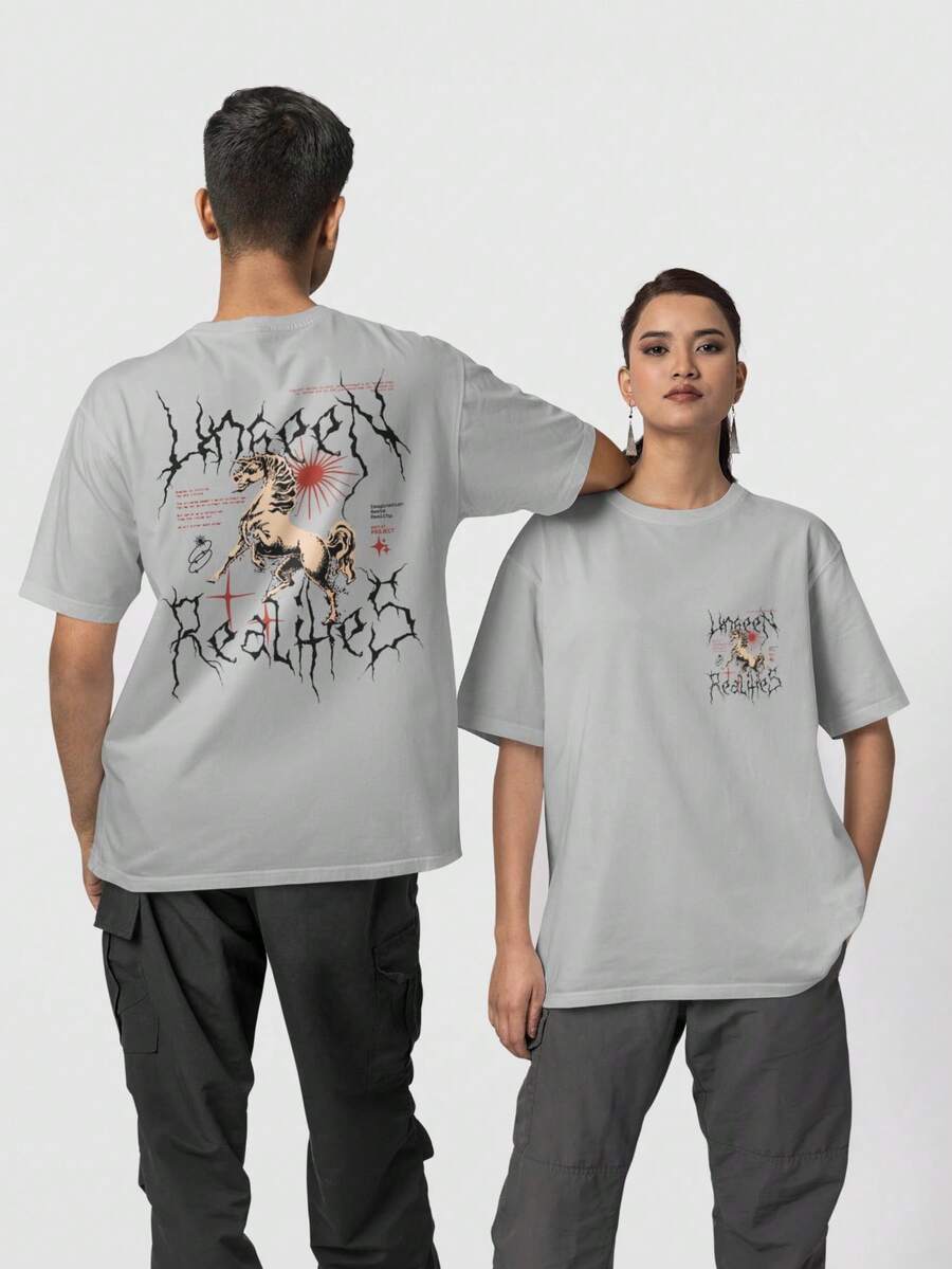 T-Shirt Preta Estampa Cavalo e Universo – Moda Streetwear Alternativa - Cinza - Visão 1