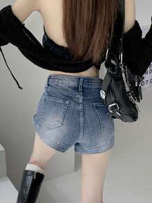 Y2K Solid Color Pocket Casual Versatile Straight Leg Denim Shorts Summer - Light Wash - View 2