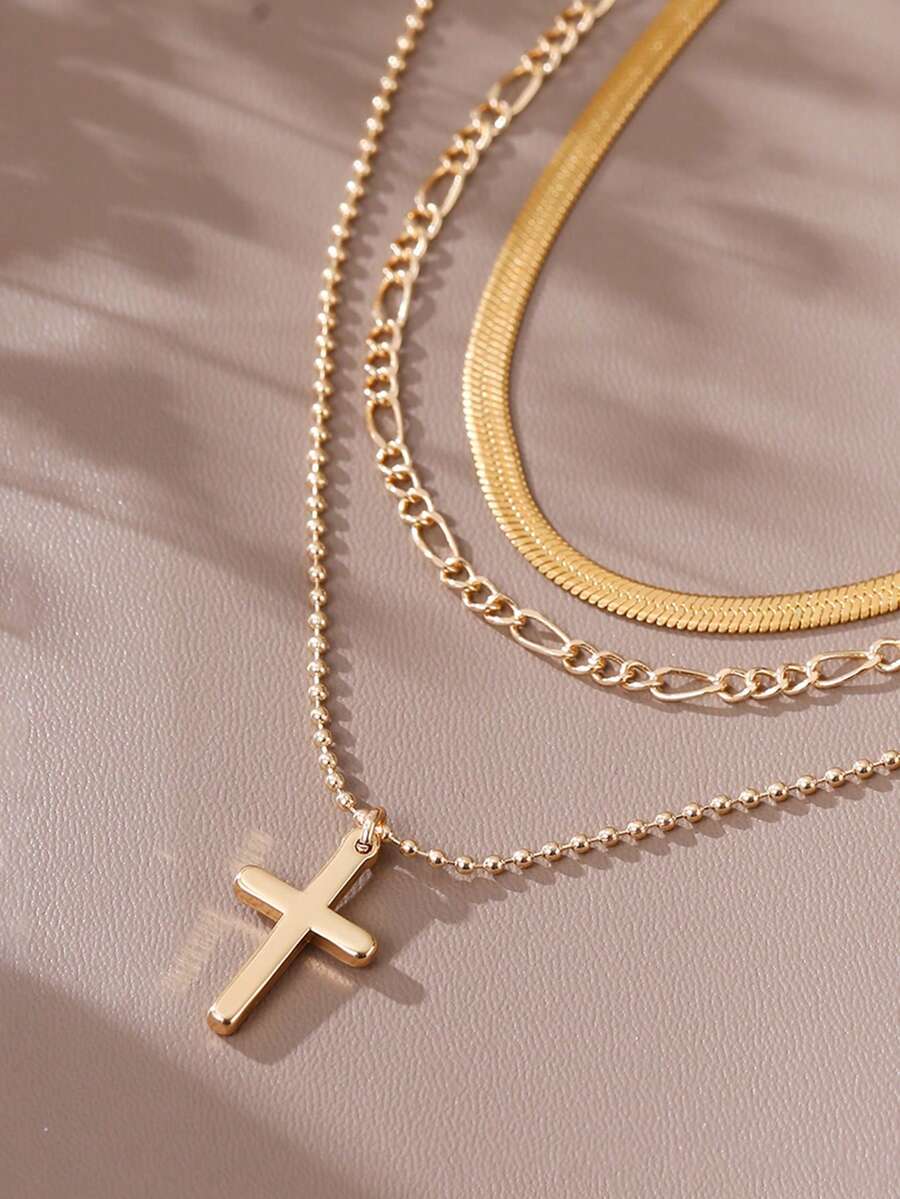 Tkool 3 件套时尚不锈钢金线扁平链和铜珠链多层十字架吊坠项链 - 金黃色 - 查看 1