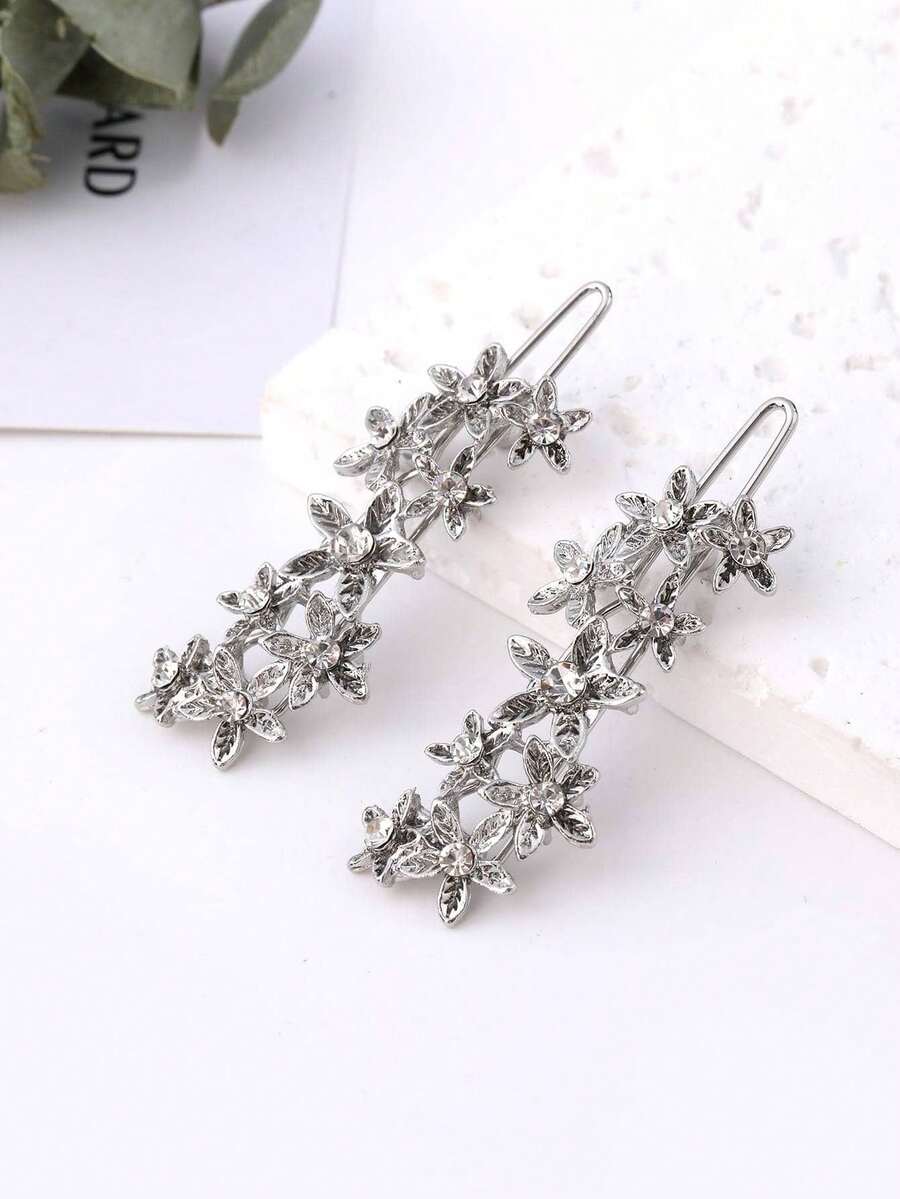 2个金属迷你花朵星星发夹，简约可爱日式发饰，爪夹 - 銀色 - 查看 1