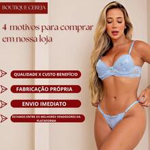 Sexy Lace Lingerie Set, Thong Panties + Underwired Bra With Lace, Sensual Heart Pendant Detail, Side Adjustment, Women's - 淺藍色 - 查看 4