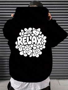 Sudadera con patrón de banda en el panel trasero, relajante, impresión floral creativa en la espalda, sudadera de moda para hombres, estilo casual y moderno, sudadera de otoño - Negro - Ver 6