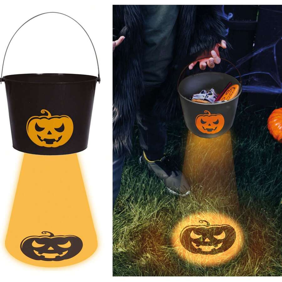 Fiestas Guirca Halloween Pumpkin Bucket With Light At The Base For Spooky And Festive Themed Decoration, Pumpkin Container With Black Shell For Children's Parties, Costumes, And Halloween Decorations Indoors And Outdoors - Multicolor - View 1