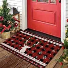 1 pieza Alfombra con diseño de reno navideño, con cuadros rojos y negros, diseño de copos de nieve, alfombra rectangular decorativa, adecuada para entrada, dormitorio, cocina, baño, felpudo de cocina, alfombra con patrón de grano de madera, felpudo de poliéster, felpudo de bienvenida para la puerta principal