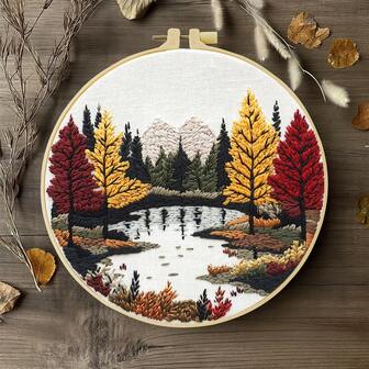 1 Piece Embroidery Kit, 15x15cm/5.9x5.9in--20x20cm/7.9x7.9in, Beautiful Autumn Forest Theme, Handmade DIY Embroidery Kit Suitable For Both Adults And Beginners, Including User Manual, Printed Fabric, Embroidery Frame, Needles And Thread, Cross Stitch Embroidery Christmas Gift For Family And Friends