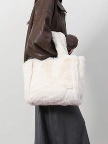 BAILEE 1 件秋冬新款时尚个性长毛毛皮纯色可折叠大容量双手柄磁吸开合设计带女士手提包，适合秋冬季节日常出行时尚穿搭 - 彩色 - 查看 5