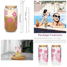 Tazas de caf helado, tazas de San Valentn, regalos para mujeres de 18 onzas, vasos de cerveza, vasos de vidrio con tapas de bamb y popotes, 2 juegos - 2 flores rosadas - Ver 1