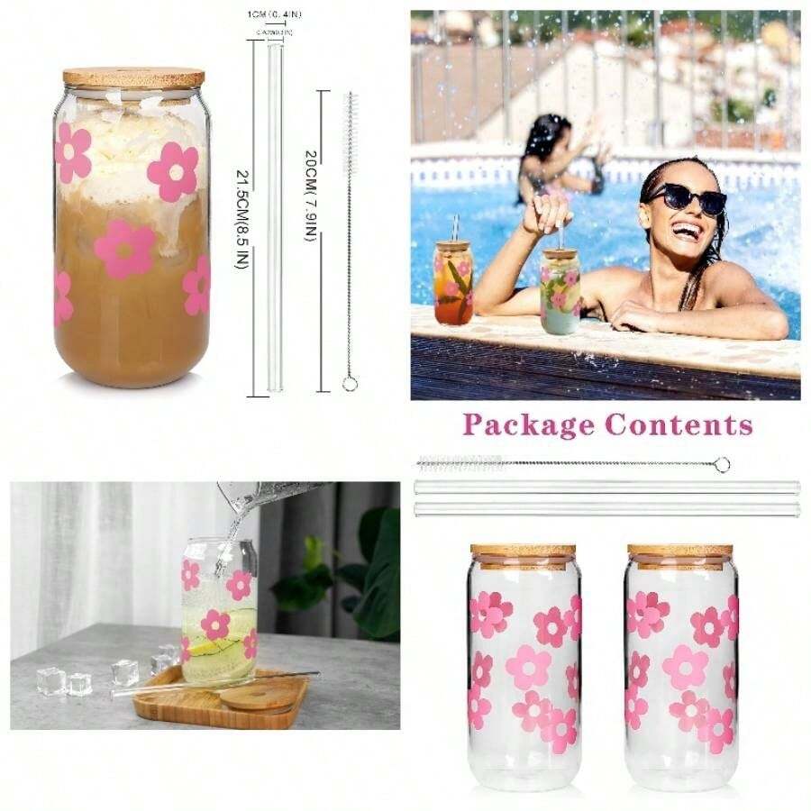Tazas de caf helado, tazas de San Valentn, regalos para mujeres de 18 onzas, vasos de cerveza, vasos de vidrio con tapas de bamb y popotes, 2 juegos - 2 flores rosadas - Ver 1
