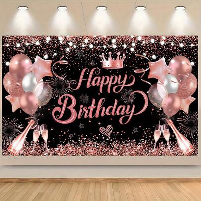 闪亮的玫瑰金“生日快乐”背景横幅，配有气球、花环和粉金拱门设计，是女性生日派对、性别揭晓派对、蛋糕桌装饰、庆典拍照背景、大型活动背景、闪光装饰和玫瑰金主题生日派对用品的理想之选。
