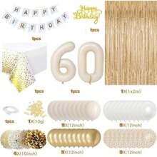 Decoraciones para 60 cumpleaños, decoraciones para feliz 60 cumpleaños, globos blancos y dorados, pancarta de feliz cumpleaños, mantel, cortina con flecos, adorno para tarta, papel(default) - Tipo 1 - Ver 3