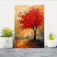 1pc  Modern Urban Landscape Canvas Art - Textured Tree Design  Painting With  Wood Frame, Vibrant Red Leaves & Golden Hues, Ready-To-Hang Home Office Wall Decor, Tree Decor, Dynamic Brushstrokes, 2D Flat - Đỏ - Xem 3