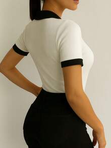 Women's Short Sleeve Cotton Polo Shirt - 白黑領 - 查看 4