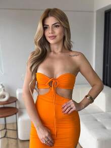 LONG WOMEN'S DRESS WITH FRAMED NECK, CAN BE USED AS A STRAP-ON DRESS WITH SIDE FRINGE. VERSATILE CASUAL DRESS SHAPES THE BODY. - 橘色 - 查看 3