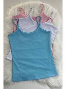 Kit 3 Women's Suplex Ribbed Tank Top With Thin Straps, Ribbed Blouse, Summer Stylish, Fashion Blogger Colors, Summer - 藍色/白色/粉紅色 - 查看 1