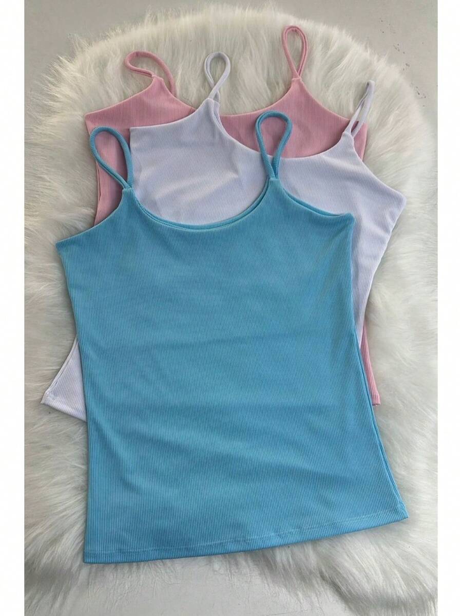 Kit 3 Women's Suplex Ribbed Tank Top With Thin Straps, Ribbed Blouse, Summer Stylish, Fashion Blogger Colors, Summer - 藍色/白色/粉紅色 - 查看 1