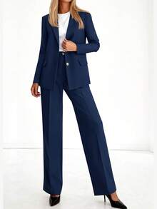 Women's Two-Piece Suit Business Casual Blazer And Wide-Leg Pants Set Professional Office Attire - Màu xanh nước biển - Xem 3